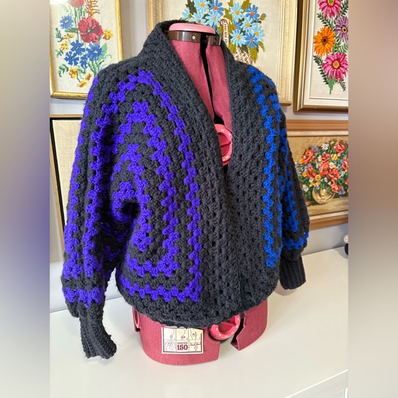Sweaters - Black, Purple Blue Crochet Cardigan. Handmade.